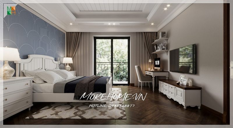 Kệ tivi bằng gỗ màu trắng phong cách tân cổ điển mang vẻ đẹp sang trọng hiện đại nâng tầm không gian phòng ngủ.
