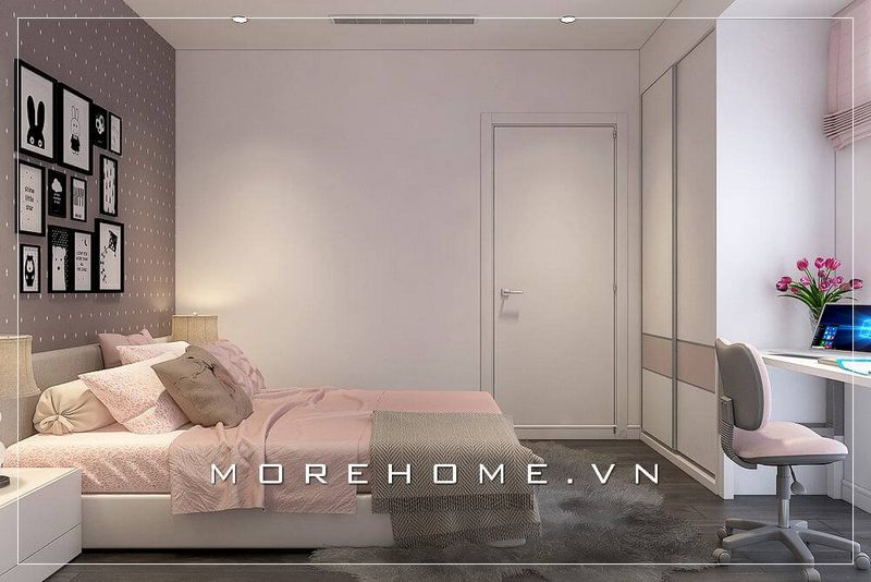 Trang trí phòng ngủ con gái hiện đại, giấy dán tường họa tiết màu xám được lựa chọn tạo điểm nhấn cuốn hút cho cả căn phòng